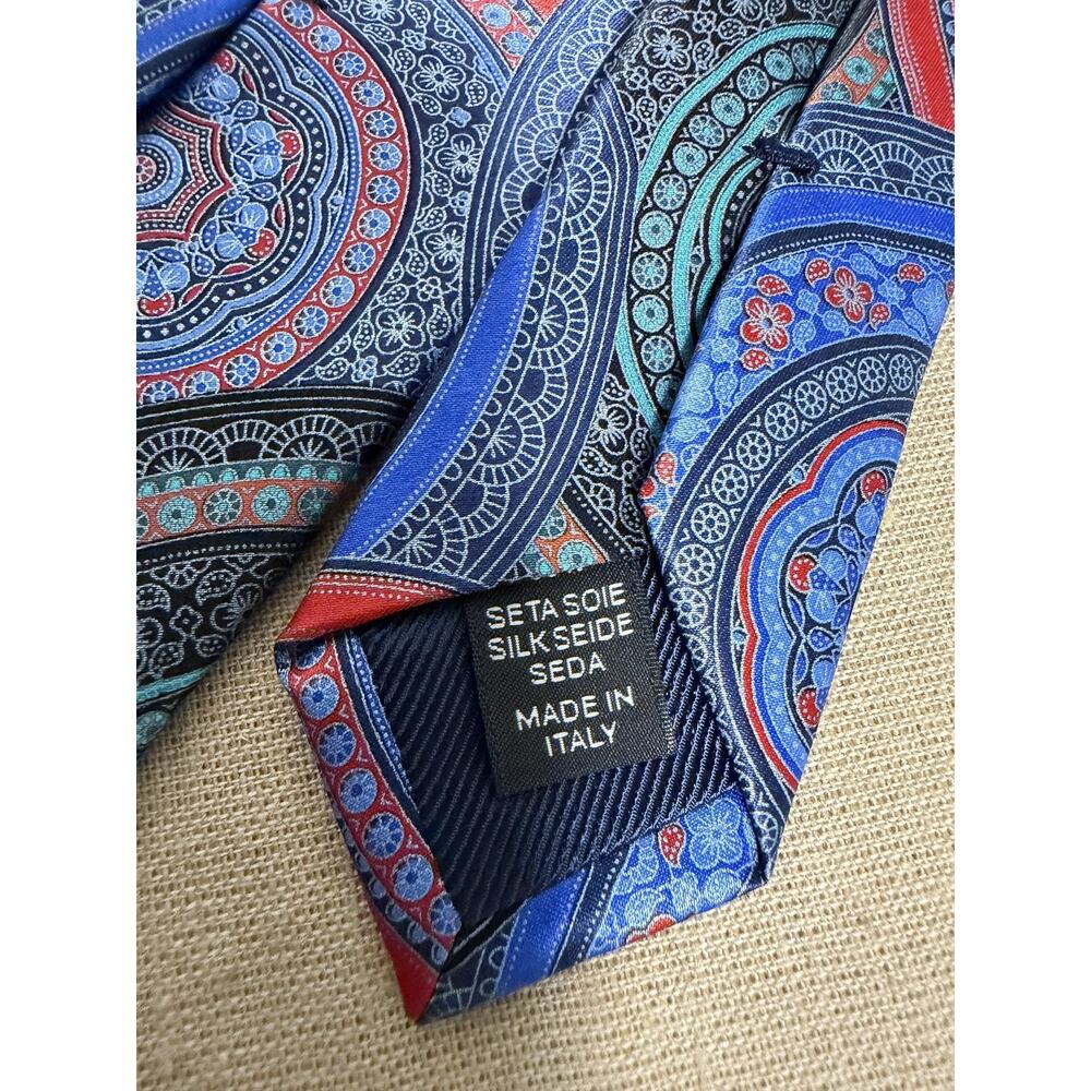 Ermenegildo Zegna Tie Mens One Size Blue Red Geometric Medallion Silk Made Italy - Picture 7 of 7